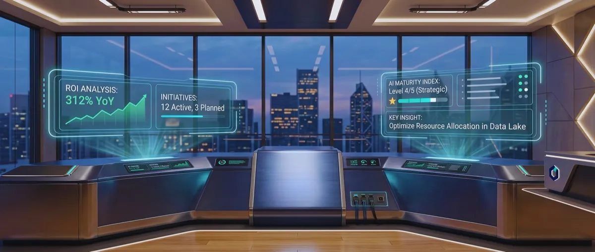 Evum command center: holographic dashboards showing ROI 312% YoY, active initiatives, and an AI maturity index