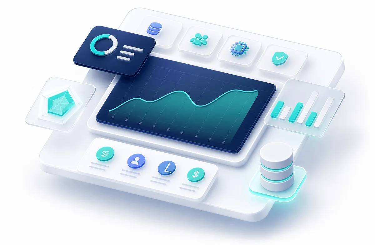 AI Program Dashboard with overall maturity score, module counts, 12-month AI spend trend, and maturity radar by section